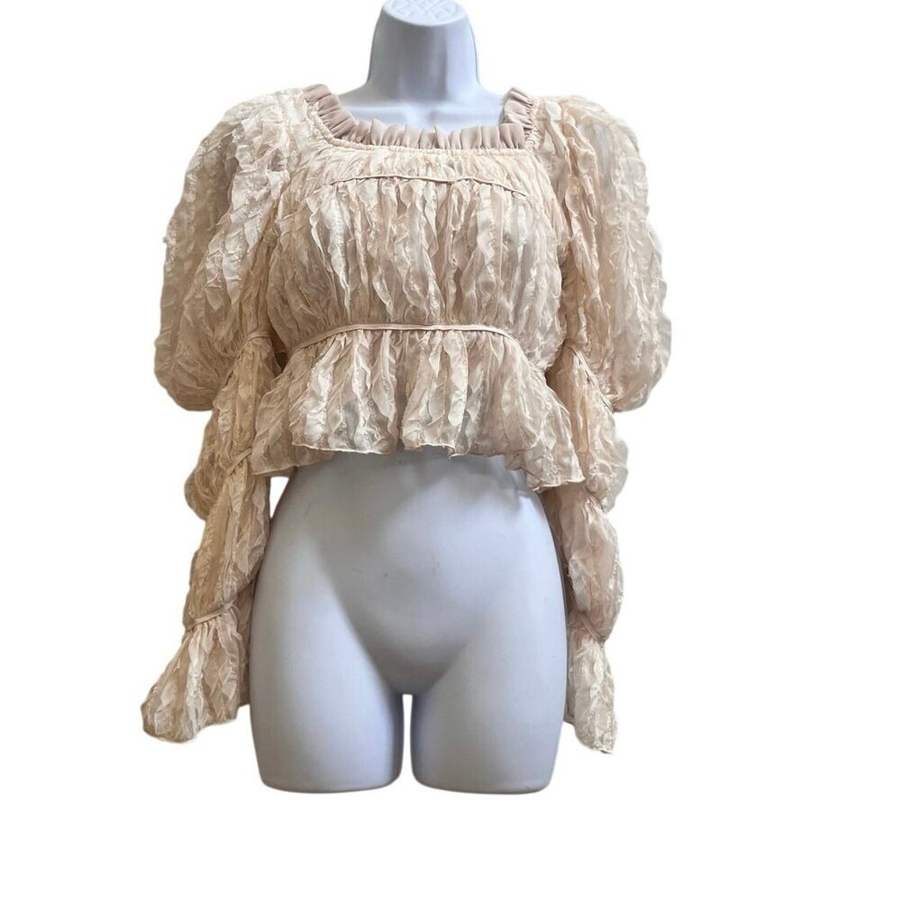 Romantic Victorian Textured Ruffle Puff Sleeves Neutral Blouse Ethereal Small